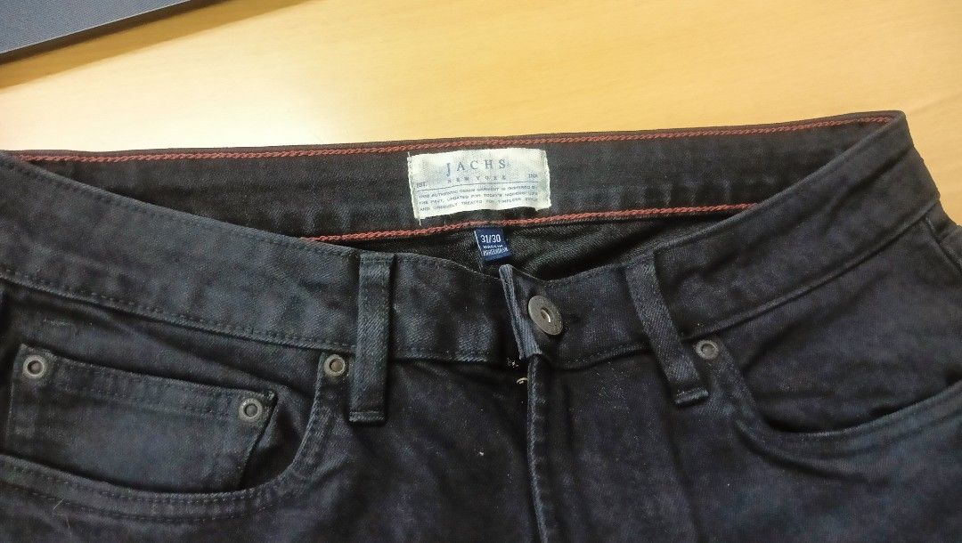 Jachs Pants (Category: Jeans) located in Antipolo. Submitted by foncimigz (Listing ID 1462926698, Image 1). Description: Brand:JACHS NY (Jachs New York) Style: Classic 5-pocket denim pants featuring metal pocket rivets, a single-button front closure, and a zip fly. Color: Solid black / washed black. Size: 31/30 (31-inch waist and 30-inch inseam)..