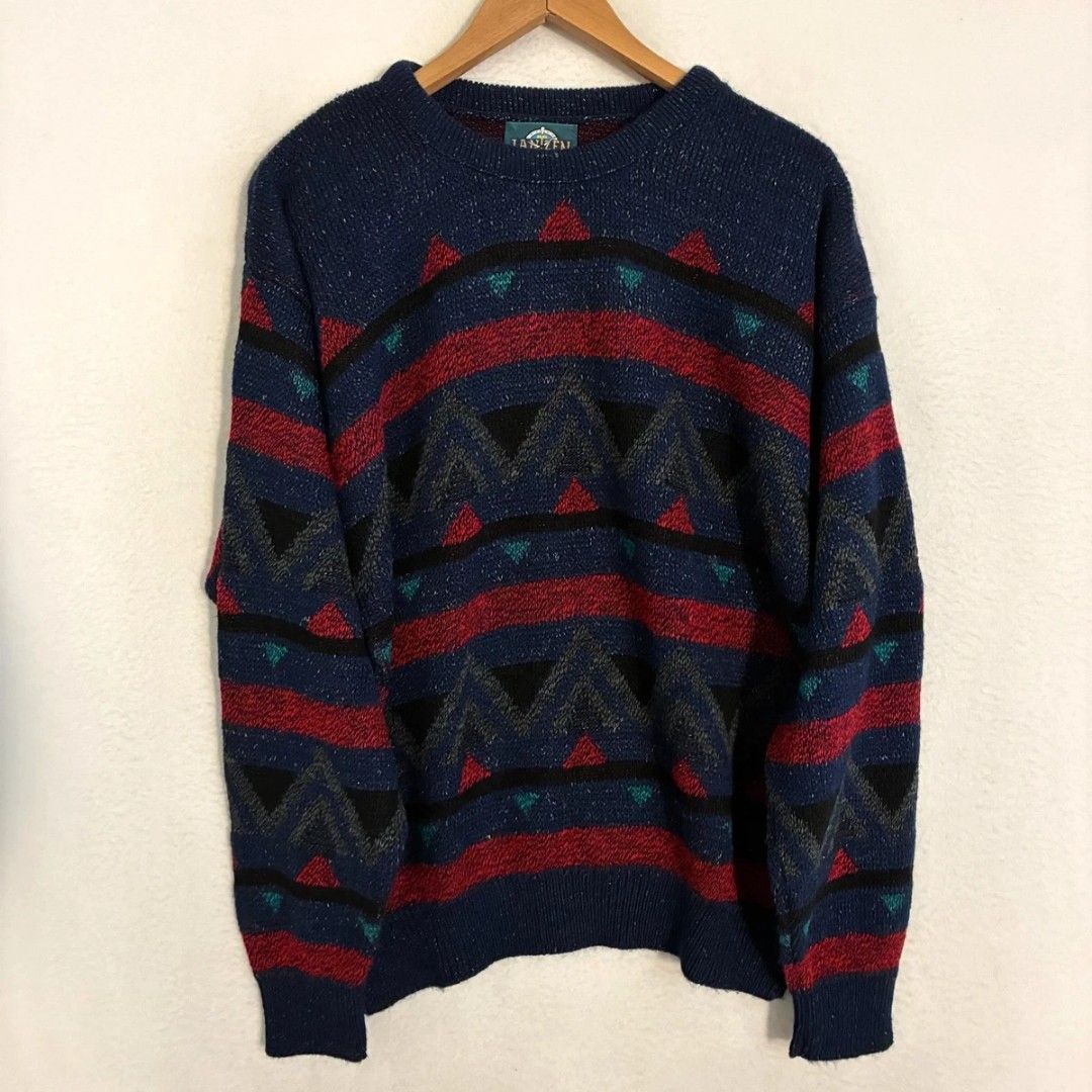 Janzen Vintage Geometric Pattern Knit Sweater Size M (Category: Longsleeves) located in Manila. Submitted by icamalicdem29 (Listing ID 1463092499, Image 2). Description: - Classic Janzen knit sweater - Bold geometric pattern in navy, red, and black - Estimated size: Medium - Made in the USA - Perfect for layering or wearing solo - Cool retro vibe.