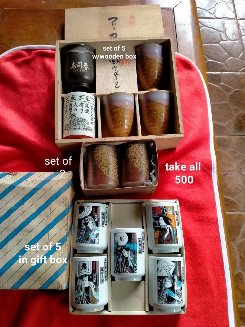Japanese drinkware (Category: Dinnerware & Cutlery) located in Manila. Submitted by margeventa (Listing ID 1462907503, Image 1). Description: Japanese drinkware in gift boxes take all only Price:500 buyer shoulders sf Location:Cainta.