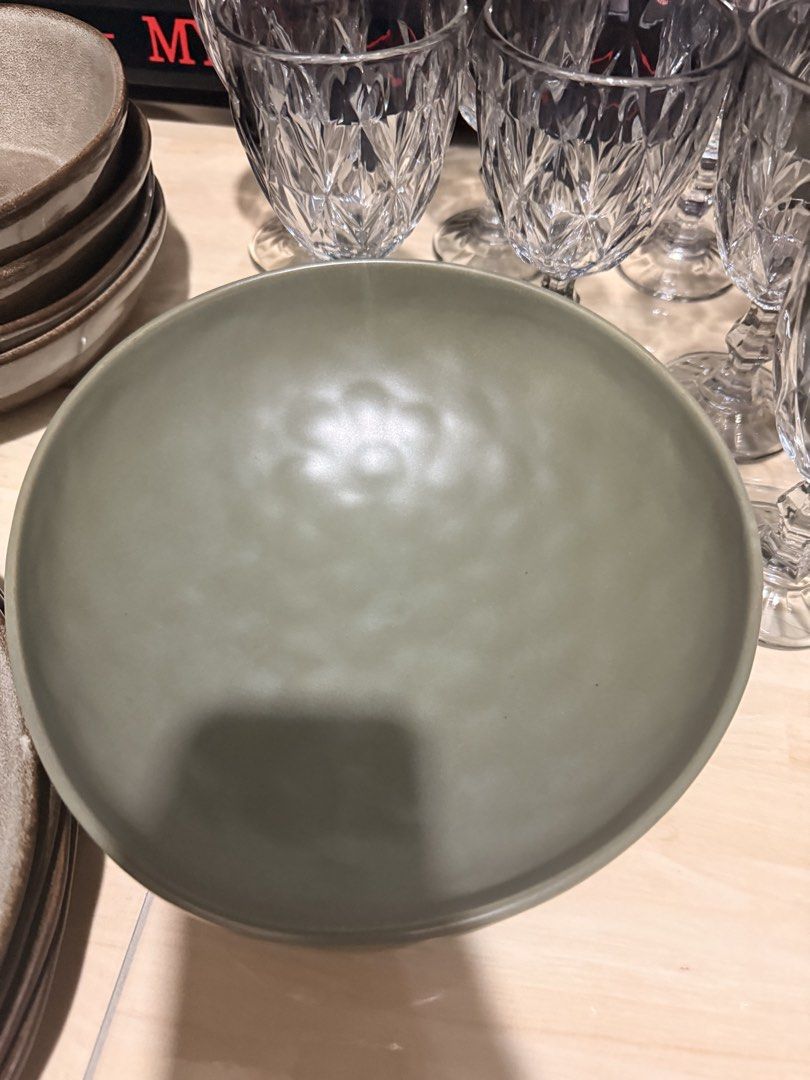 Kitchen Plus Ceramic Bowls and Plates Set (Category: Dinnerware & Cutlery) located in Mandaluyong City. Submitted by riz_040521 (Listing ID 1462916977, Image 3). Description: 24K Japanese Vintage Glossy Style Ceramic Plate Set - Kitchen Plus Ceramic Bowl & Plate Set - Rustic, earthy tones, Typo hello kitty ramen bowl, 8 pieces of glasses - Set includes: - 4 Large plates (3 plates never used) - 2 Medium Bowls(medium and large green) - 3 Small plat