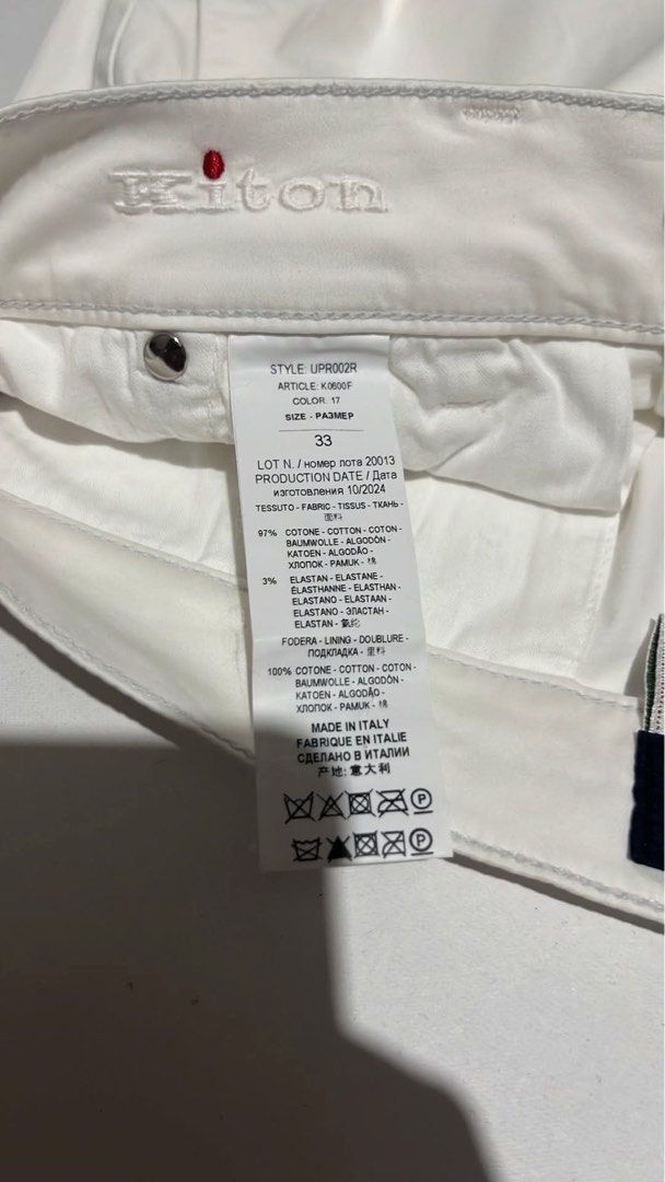 Kiton White Cargo Pants Size 33 (Category: Jeans) located in Dumangas. Submitted by duerocharl67867 (Listing ID 1462935898, Image 3). Description: - Brand: Kiton - Color: White - Size: 33 - Material: Cotton blend with elastane - Origin: Made in Italy - Style Code: UPR002R - Perfect for a casual look - Please check photos for detailed condition.