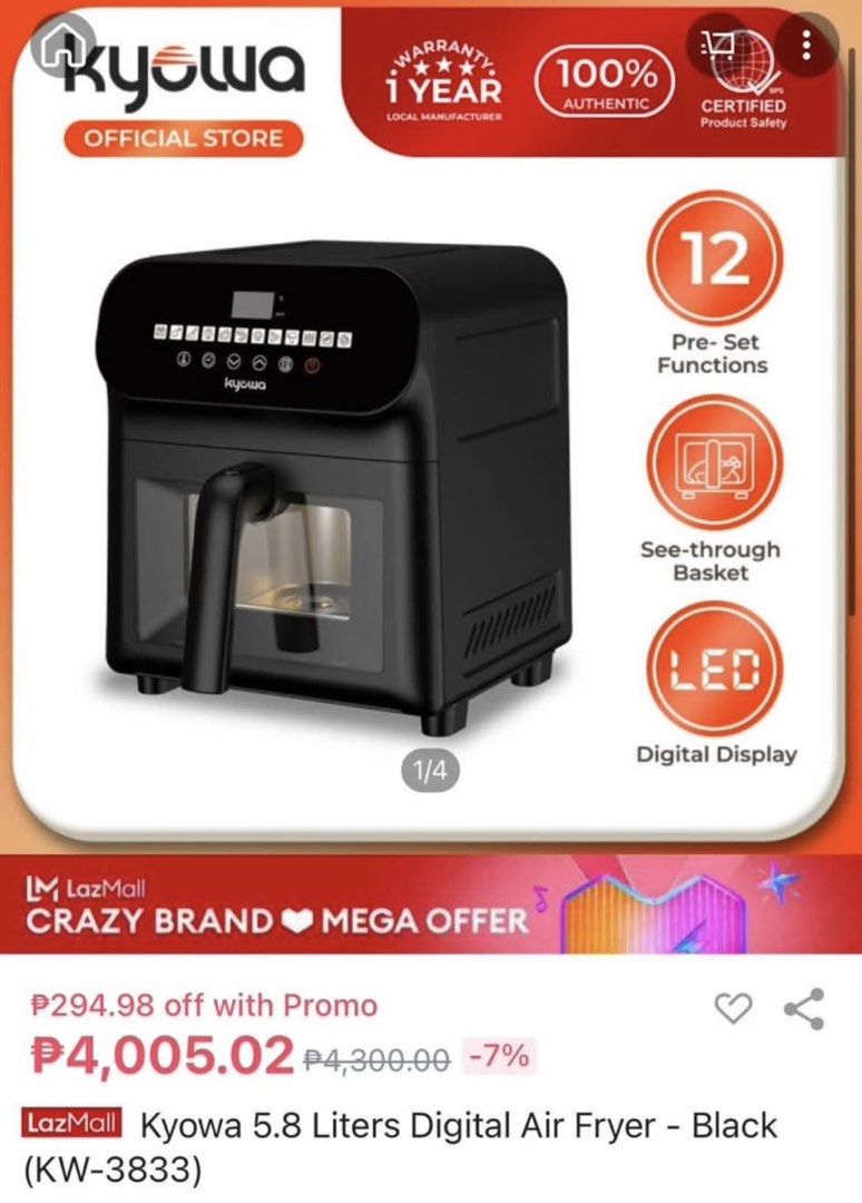 Kyowa Air fryer (Category: Fryers) located in Las Pinas. Submitted by yoonminiecart (Listing ID 1463025121, Image 3). Description: - brand new - never been used - digital display - 5.8 Liters Meet up around Bacoor / Alabang / Las Pinas Shipping will be shoulder by buyer: Payment first.