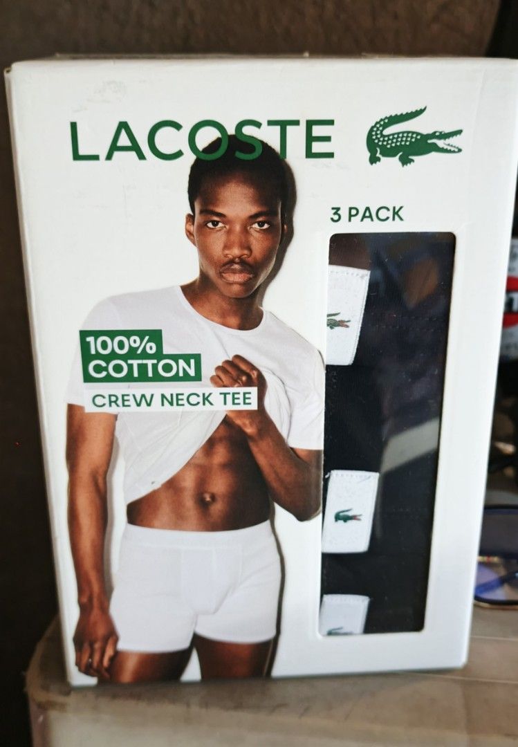 Lacoste 3 Pack 100% Cotton Crew Neck Tee (Category: Tshirts & Polo Shirts ) located in Guagua. Submitted by jeffreyhao45659 (Listing ID 1462951377, Image 3). Description: - 3-pack of Lacoste crew neck t-shirts - Color: Black - Material: 100% Cotton - Ideal for everyday wear - Comfortable and essential wardrobe basics - Size - Small.