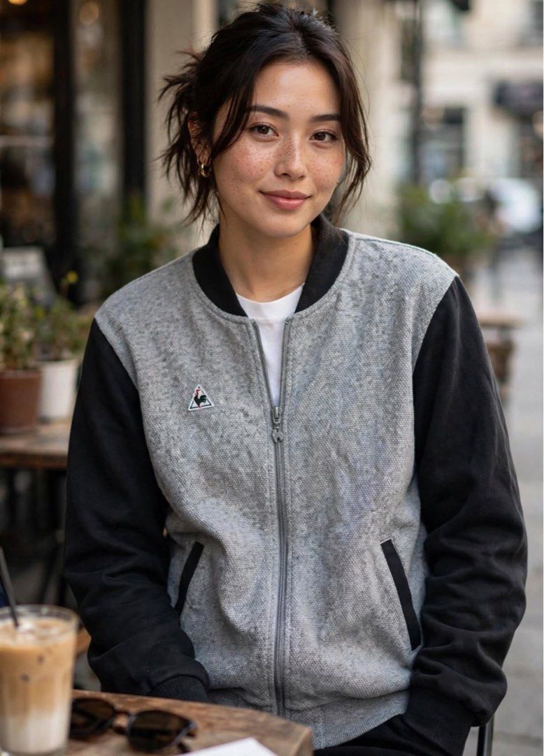 Le Coq Sportif Bomber Jacket Grey Black (Category: Coats, Jackets and Outerwear) located in San Pedro. Submitted by lifebeginsaftercoff33 (Listing ID 1463113355, Image 1). Description: - Le Coq Sportif bomber jacket for Woman - Color: Grey body with black sleeves - Features: Zip-up front, pockets - Detail: Small rooster logo on chest - Condition: Good - Style: Perfect for casual wear - Dimes: 21 x 24 in - Very soft comfy stretchy fabric.
