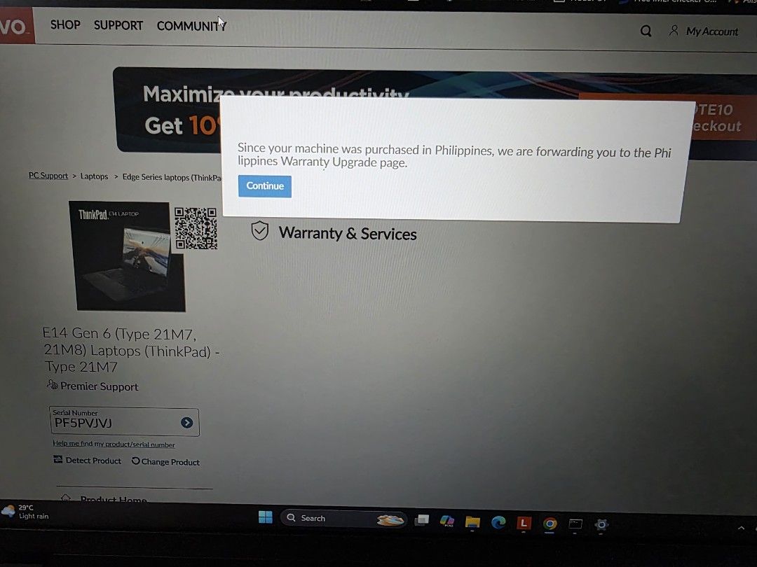 Lenovo ThinkPad E14 Gen 6 with warranty (Category: Laptops & Notebooks) located in Quezon City. Submitted by deanelise (Listing ID 1462911424, Image 2). Description: - Lenovo ThinkPad E14 Gen 6 Laptop - Intel Core i5-125U Processor - 16GB RAM - 477GB Storage - Windows 11 Pro - Excellent for Work & Daily Use - Premier Support Included - Warranty until July 2028 - Max battery capacity (rarely used) - Unit and charger only.