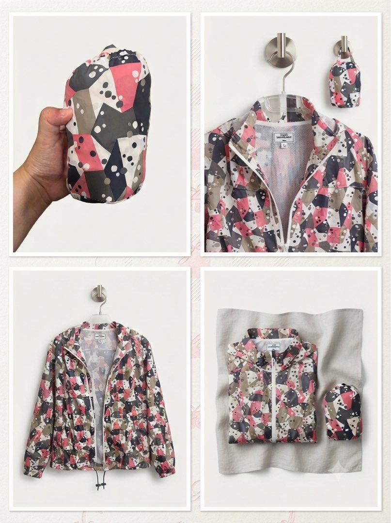 Lightweight Packable Jacket with Geometric Print (Category: Coats, Jackets and Outerwear) located in Manila. Submitted by patpat_18 (Listing ID 1462897033, Image 1). Description: - Super cute and lightweight jacket - Folds up small, ideal for travel or on-the-go - Fun geometric pattern in pink, grey, and navy - Features a hood and zip-up front - Drawstring at the bottom hem.