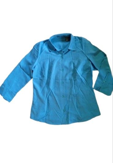 Liz Claiborne Light Blue Collared Shirt (Category: Blouses) located in Quezon City. Submitted by jojoleen28 (Listing ID 1462929335, Image 1). Description: 70% rayon, 30% polyester. Soft to the touch. Slight stain in collar area as seen in last photo. Measurements: Chest 38" Length 24" Sleeve length 18.5" #Christmas2026.