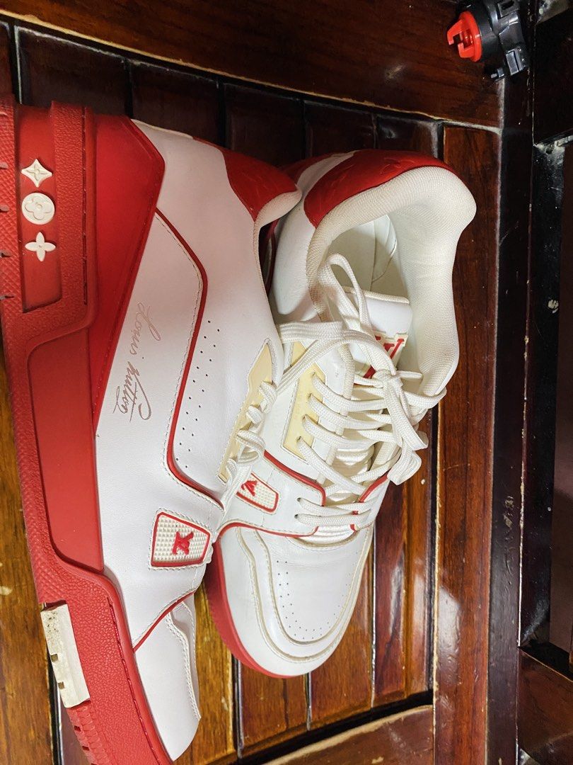 Louis Vuitton LV Trainer Sneakers MS0211 Size 10 (Category: Casual Shoes) located in Manila. Submitted by freeturtle_e0e5e6 (Listing ID 1463049766, Image 2). Description: Pre-owned Louis Vuitton sneakers in white and red. Details: • Brand: Louis Vuitton • Code: MS0211 • Size: 10 • Color: White / Red • Made in Italy • Condition: Used May signs of use, especially sa outsole. Please check all photos carefully for the actual condition of the shoes. S
