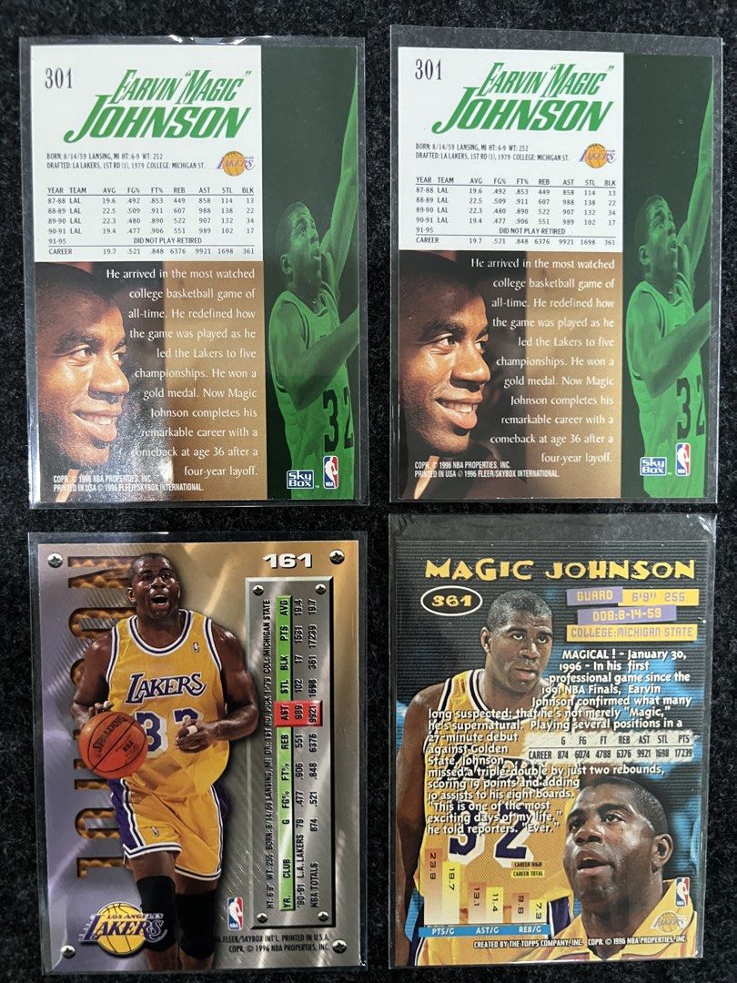 Magic Johnson NBA Cards Lot (Category: Raw Singles) located in Mandaluyong City. Submitted by maropa (Listing ID 1462989846, Image 2). Description: - Lot of 4 Magic Johnson basketball cards - Great for Magic Johnson fans and Lakers collectors - Firm price.