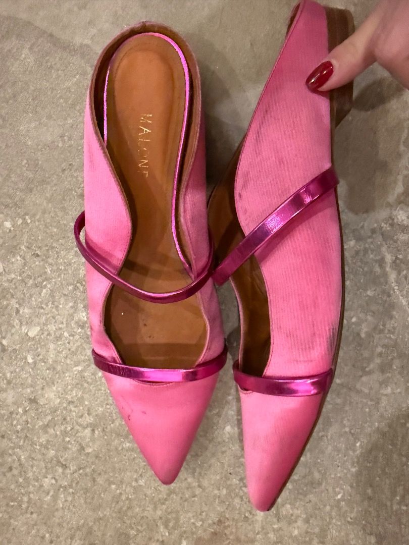 Malone size 38 1/2 Pink Mules with Metallic Straps (Category: Flats & Sandals) located in Quezon City. Submitted by ilabluxe (Listing ID 1462887570, Image 2). Description: - Brand: MALONE - size 38 1/2 - Style: Pink - Features: Pointed toe, two thin metallic pink straps, slip-on design - Condition: Minor marks on toe area, overall good shape No box and pls always think this is pre owned and you are not buying at a store! 100% Authentic or money b