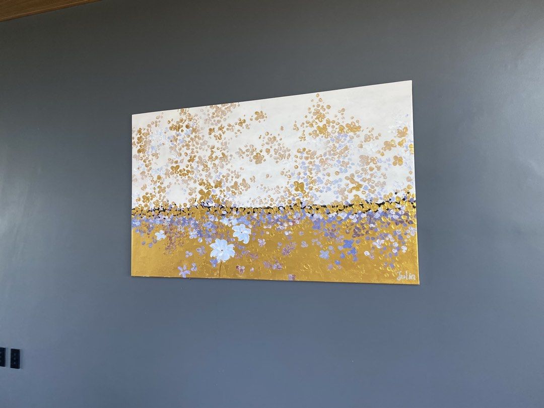 “Manna: Gift from Heaven” Painting (Category: Frames & Pictures) located in Cavite. Submitted by askingryan (Listing ID 1462935507, Image 3). Description: - Large textured floral painting - Features gold, white, and soft purple tones - Adds depth and dimension with its texture - Perfect for adding color and elegance to any room - Ready to hang With Authentic certificate.