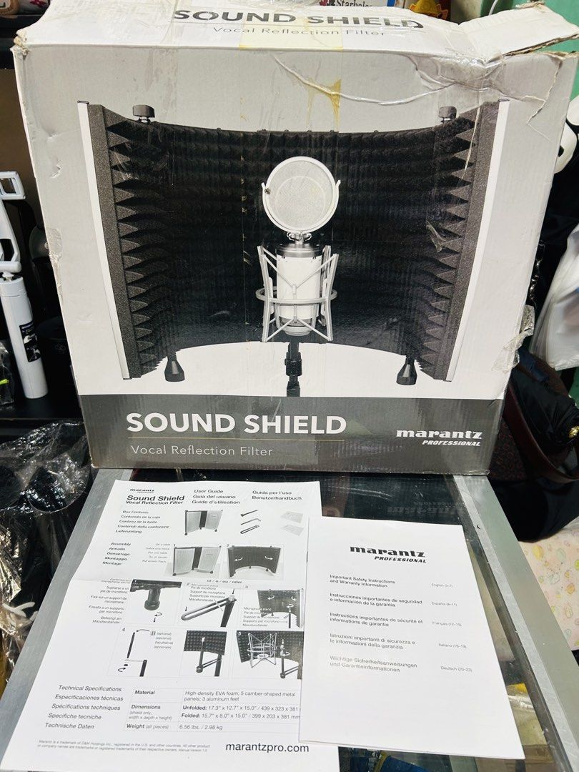 Marantz Professional Sound Shield Vocal Reflection Filter (Category: Other Audio Equipment) located in Manila. Submitted by starbalesukandjapansurplus (Listing ID 1462895992, Image 3). Description: - Marantz Professional Sound Shield - Vocal reflection filter for clearer recordings - Reduces unwanted room noise - Constructed with high-density EVA foam and aluminum - 5-chamber design - Folds for convenient storage - Includes original box and manua