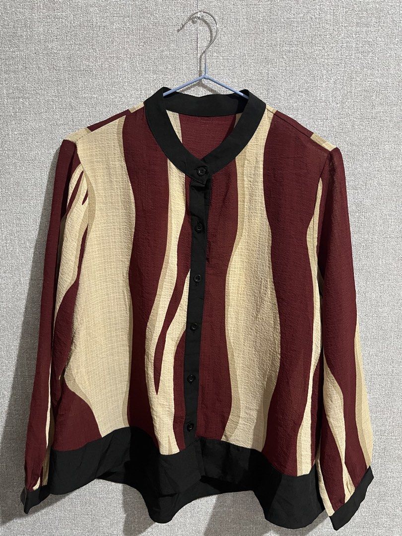 Maroon and Beige Striped Button-Up Blouse (Category: Blouses) located in Marikina City. Submitted by femmeshoppemnl (Listing ID 1462930171, Image 2). Description: Maroon and Beige Striped Button-Up Blouse Size: Large Condition: Like new. Issue: No issue. Brand: No Brand. Ukay sourced from Korea Washed - Ready to wear. .
