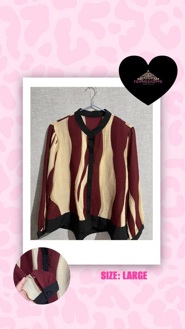 Maroon and Beige Striped Button-Up Blouse (Category: Blouses) located in Marikina City. Submitted by femmeshoppemnl (Listing ID 1462930171, Image 1). Description: Maroon and Beige Striped Button-Up Blouse Size: Large Condition: Like new. Issue: No issue. Brand: No Brand. Ukay sourced from Korea Washed - Ready to wear. .