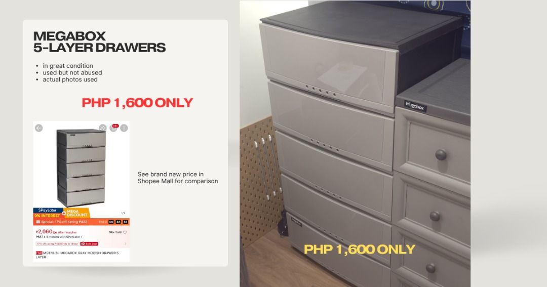 Megabox 5-Layer Drawers (Category: Shelves, Cabinets & Racks) located in Mandaluyong City. Submitted by np_c4ll3d0 (Listing ID 1462995429, Image 1). Description: - Megabox 5-layer drawers - Actual photos provided - Selling for PHP 1,600 only - Compare with brand new price from the orange app.