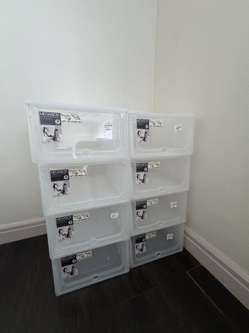 MEGABOX Stackable Storage Boxes (Set of 8) (Category: Storage Boxes & Baskets) located in Makati City. Submitted by ysabelkgsk (Listing ID 1462945604, Image 1). Description: - Set of 8 MEGABOX stackable storage boxes - 800 for take all, 125/pc - Original price at 200/pc, with tags on the box pa - 36 x 27cm, height: 16cm - Clear plastic for easy visibility - Front opening for convenient access - Ideal for organizing shoes, accessories, and small i
