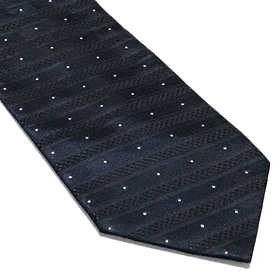 Mi Jun Jacquard Micro Dot Deep Navy Neck Tie (Category: Ties) located in Taguig. Submitted by retrogaze (Listing ID 1462959580, Image 2). Description: This 100% silk necktie by Mi Jun features a deep navy blue base with a rich, multi-textured weave. The body displays alternating horizontal bands of smooth satin and subtle basketweave textures, creating a muted shadow stripe effect. The design is detailed with an evenly spaced grid of tiny white j