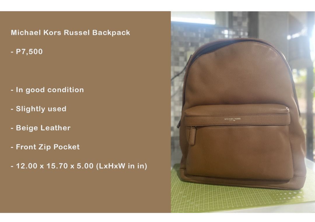Michael Kors Russel Backpack - Beige Leather (Category: Backpacks) located in Manila. Submitted by jaypallasi14998 (Listing ID 1463022129, Image 1). Description: - Brand: Michael Kors - Model: Russel Backpack - Color: Beige - Material: Leather - Features: Front zip pocket - Dimensions: 12.00" (L) x 15.70" (H) x 5.00" (W) - Condition: Good, slightly used.