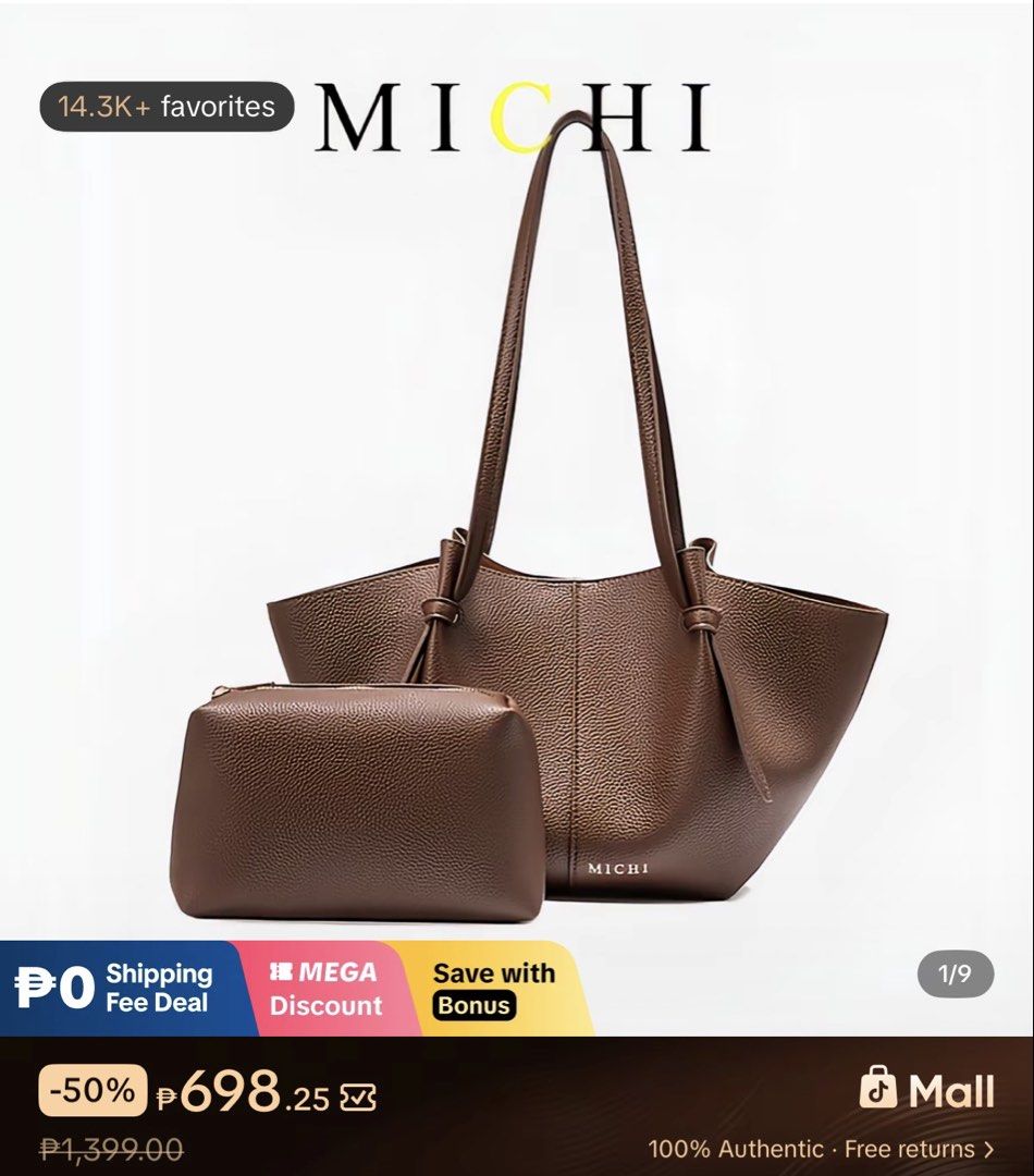 MICHI Black Pebbled Leather Tote Bag with Pouch (Category: Tote Bags) located in Quezon City. Submitted by karinadv (Listing ID 1462952375, Image 3). Description: - MICHI tote bag in black pebbled leather - Includes matching pouch and dust bag - Structured shape with unique knotted strap details.