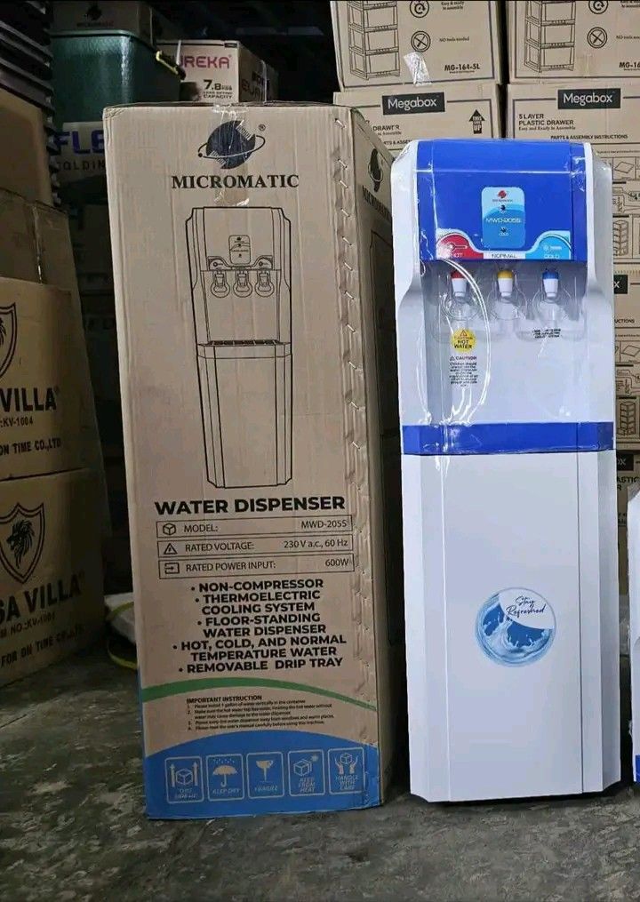 MICROMATIC WATER DISPENSER TOPLOAD (Category: Water Purifiers & Dispensers) located in Manila. Submitted by berdenmarl01688 (Listing ID 1463102860, Image 1). Description: - Micromatic Water Dispenser (Model: MWD-205S) - Rated Power Input: 600W - Cooling System: Non-compressor - Water Options: Hot, Cold, and Normal - Features: Removable drip tray - Ideal for: Home or Office use - Get yours today!.