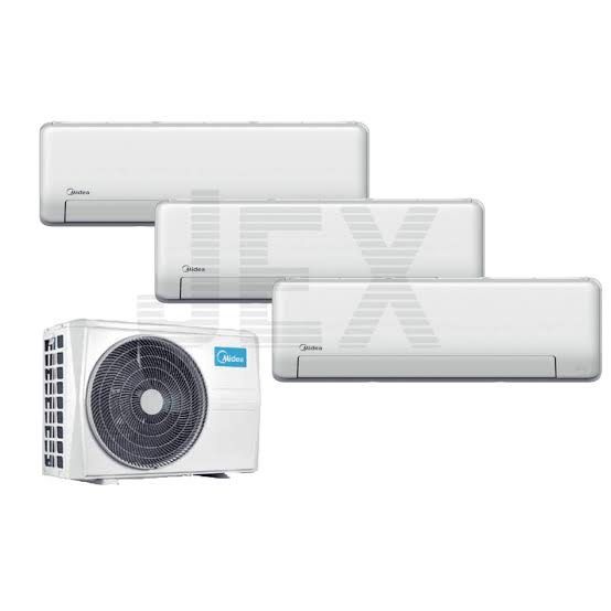 Midea Split Type AC (Category: Air Conditioners & Heating) located in Singapore. Submitted by deefa7 (Listing ID 1462908462, Image 1). Description: - Midea Split Type Air Conditioner Set - Includes 1 Outdoor Unit - Includes 3 Indoor Units - All units are white with Midea logo - Ideal for cooling multiple rooms - Ready for installation.
