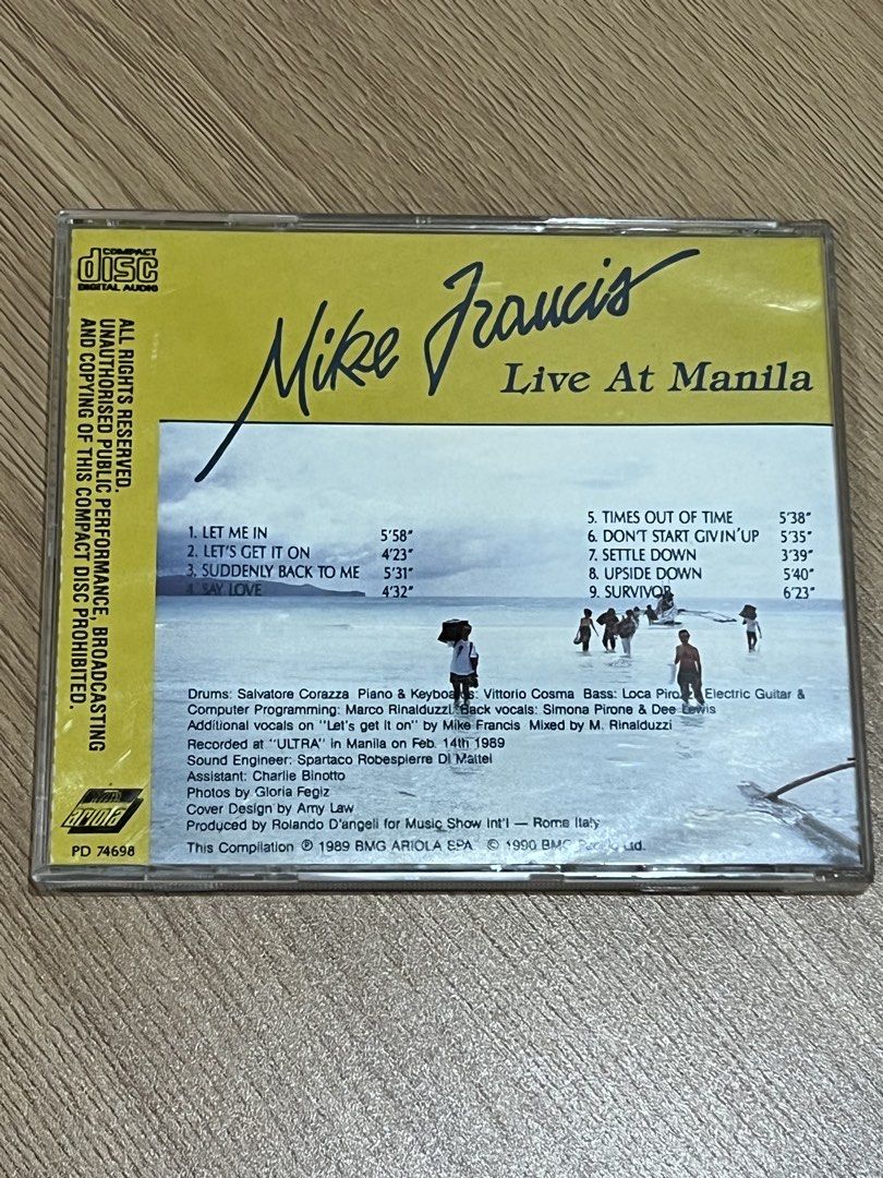 Mike Francis - Live At Manila 1989 CD (Category: CDs & DVDs) located in Koronadal. Submitted by ethanhunt-2010 (Listing ID 1463027252, Image 2). Description: Tracks 1 & 2 & 8 skips due to a scratch on the disc. The rest of the CD plays just right and sounds excellent. Great recording. First original 1989-1990 CD pressing recorded live at the “ULTRA” in Manila on Feb. 14th, 1989. This release was issued with a unique picture cover and back art exc