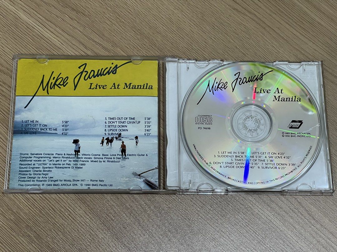 Mike Francis - Live At Manila 1989 CD (Category: CDs & DVDs) located in Koronadal. Submitted by ethanhunt-2010 (Listing ID 1463027252, Image 3). Description: Tracks 1 & 2 & 8 skips due to a scratch on the disc. The rest of the CD plays just right and sounds excellent. Great recording. First original 1989-1990 CD pressing recorded live at the “ULTRA” in Manila on Feb. 14th, 1989. This release was issued with a unique picture cover and back art exc
