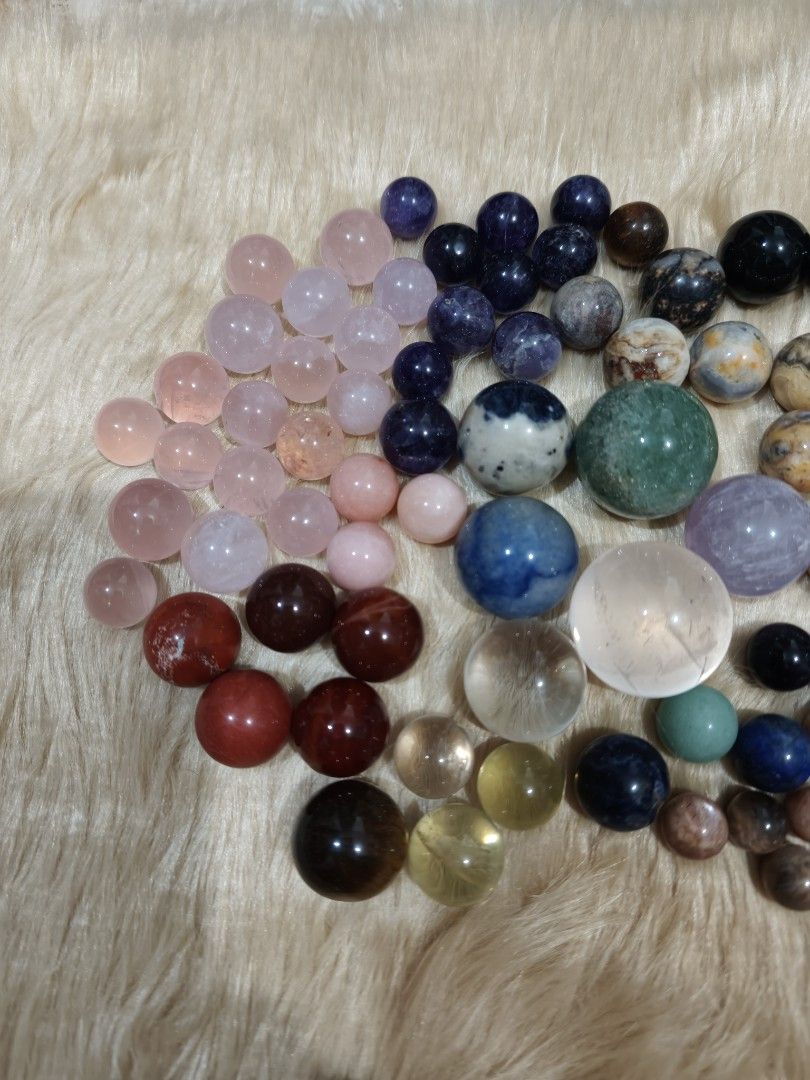 Mini Spheres Take All Bundle Natural Crystals (Category: Precious Stones) located in Quezon City. Submitted by piaoliangcollections.ph (Listing ID 1463089992, Image 3). Description: Different Crystal Mini Spheres Take All bundle Rose Quartz Clear Amethyst Citrine Sodalite Green Aventurine Crazy Lace Agate Red Jasper Carnelian Black Obsidian Lavender Amethyst Sunstone Yellow Tiger Eye.
