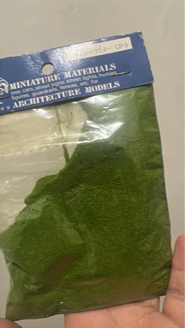 Miniature Materials Architecture Models - Green Powder CP-3 (Category: Craft Supplies & Tools) located in Manila. Submitted by exoitedd (Listing ID 1462998500, Image 1). Description: - Green powder for miniature models. - Ideal for architecture and diorama projects. - Use for trees, cars, street signs, street lights, human figures, guardrails, fences, and more. - Comes in a bag labeled 'MINIATURE MATERIALS'. - Model number: CP-3..