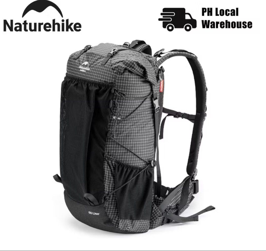 Naturehike 60L Hiking Backpack with Rain Cover (Category: Luxury Bags & Wallets) located in Valenzuela. Submitted by d.romeliza (Listing ID 1463044795, Image 1). Description: - Naturehike 60L Hiking Backpack - Unisex design - Available in Black or Dyneema Blue - Includes a rain cover - Max load capacity: approximately 14kg - Lightweight: around 1.16kg (basic model) - Ideal for general camping and hiking trips.