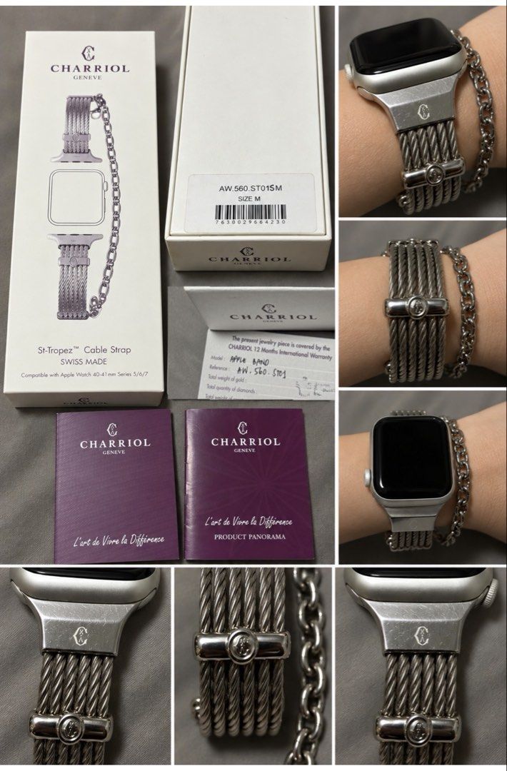 Authentic Charriol St-Tropez™ Cable Strap for Apple Watch (Category: Luxury Accessories) located in Pasig City. Submitted by jjjj0987 (Listing ID 1463031986, Image 2). Description: Authentic Charriol Genève St-Tropez™ Cable Strap, Swiss Made Model: AW.560.STO1 – Size M •I used this with Apple watch series 8 and is also compatible with series 5/6/7/9 as long as between 40-41mm. Per research, can be used with series 10 42mm as well. • Selling low, 