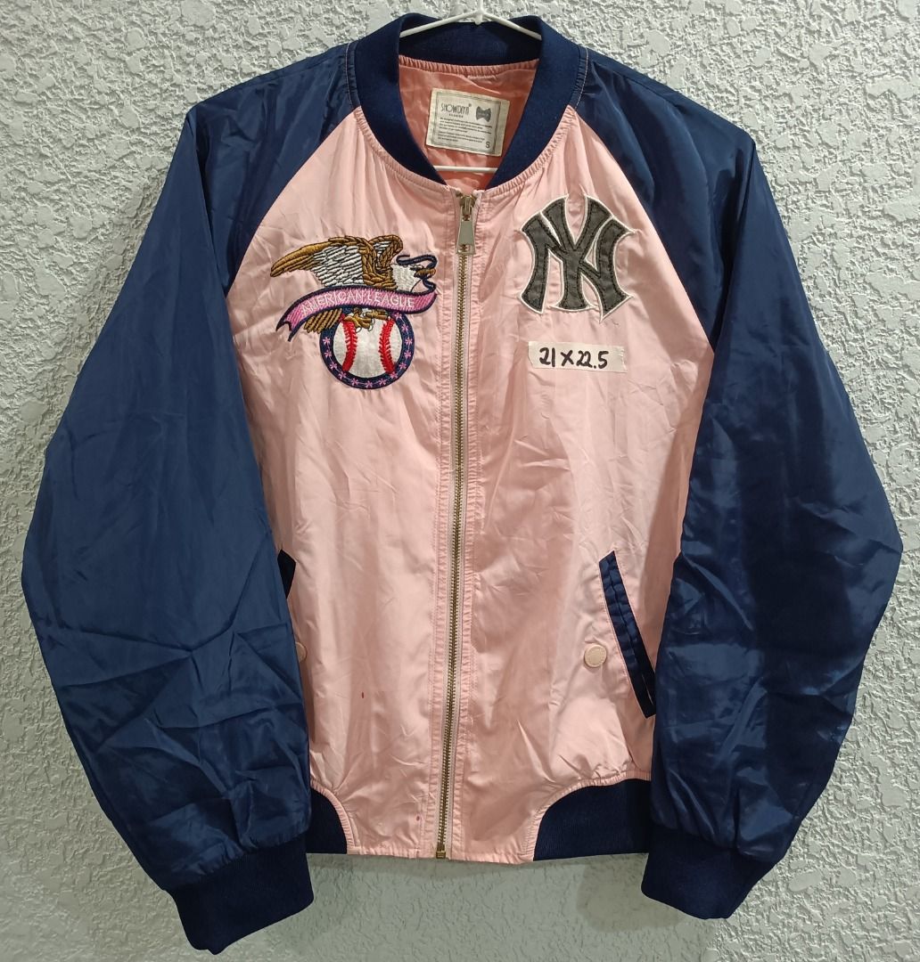 NEW YORK YANKEES BOMBER JACKET (OFF ONLY) (Category: Coats, Jackets and Outerwear) located in Calamba. Submitted by rootsph (Listing ID 1462939715, Image 1). Description: Details: This is off only. Tag is not MLB. Dimes: 21W x 22.5L Color: Pink / Navy Blue Condition: Good, with some small stains shown on photo Please manage your expectation, item being sold is preloved and not brand new unless stated otherwise. Major and minor issues will be decl