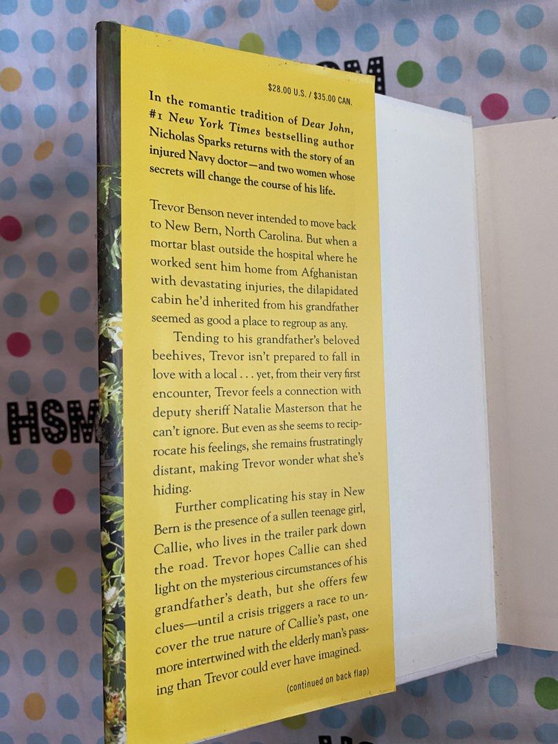 Nicholas Sparks The Return Novel (Category: Storybooks) located in Manila. Submitted by yvinapotes (Listing ID 1462989761, Image 3). Description: - Novel: The Return by Nicholas Sparks - Genre: Romance/Drama - Plot: A Navy doctor's life is intertwined with two women whose secrets alter his path. - Setting: New Bern, North Carolina - Characters: Trevor Benson (Navy doctor), Natalie Masterson (deputy sheriff), Callie - Key Themes: Secrets, second c