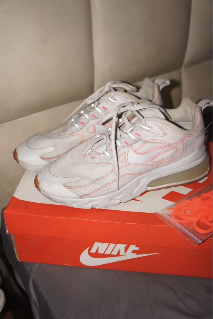 Nike Air Max 270 React White Coral Shoes (Category: Sneakers) located in Quezon City. Submitted by gela02 (Listing ID 1463080847, Image 1). Description: - White Nike Air Max 270 React - Eye-catching coral stitching details - Comes with original box - Includes extra neon pink laces - Size: US 8.5 - Ideal for everyday wear.