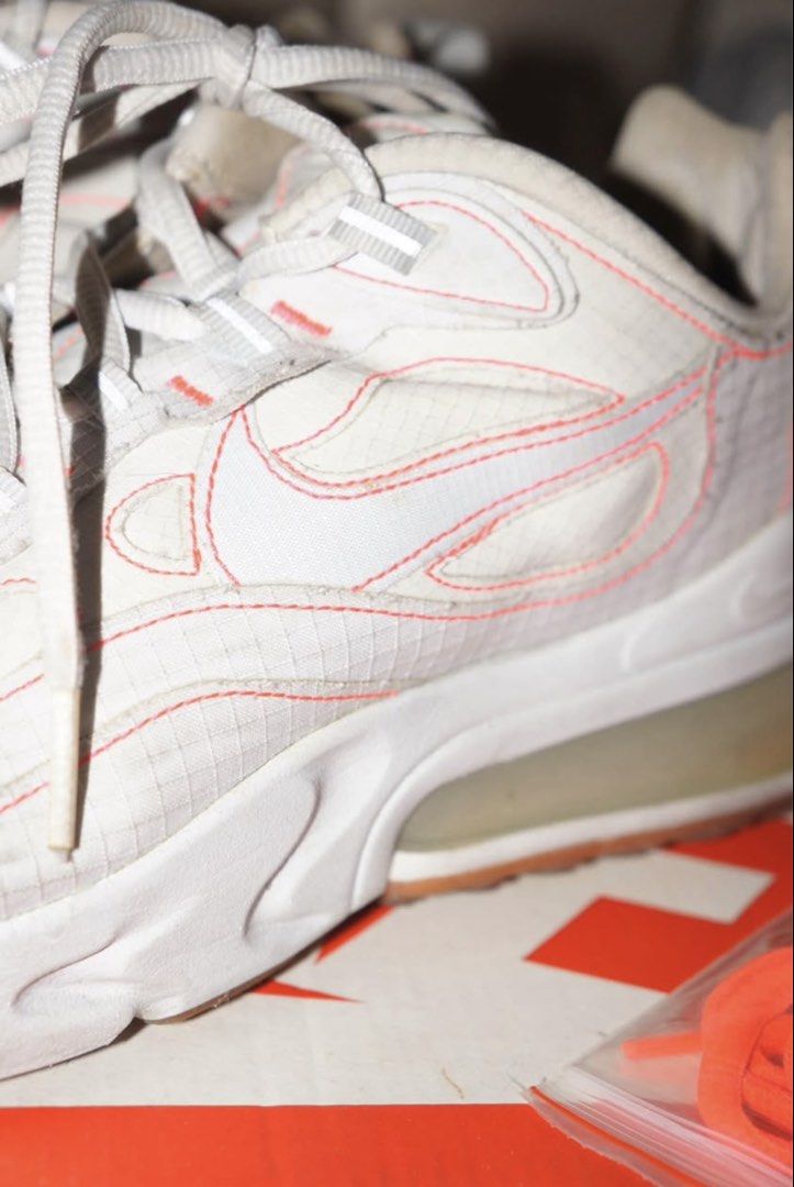 Nike Air Max 270 React White Coral Shoes (Category: Sneakers) located in Quezon City. Submitted by gela02 (Listing ID 1463080847, Image 2). Description: - White Nike Air Max 270 React - Eye-catching coral stitching details - Comes with original box - Includes extra neon pink laces - Size: US 8.5 - Ideal for everyday wear.