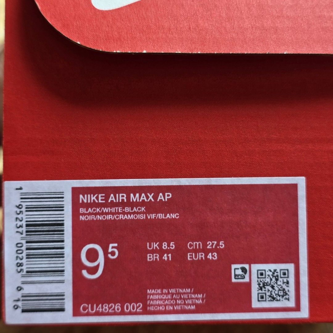NIKE AIR MAX AP (Category: Sneakers) located in Pasay City. Submitted by xsamskie (Listing ID 1462909324, Image 3). Description: - Authentic Nike Air Max sneakers - Classic black and white colorway - Secure lace-up closure - Includes original Nike box - Ideal for everyday use and running.