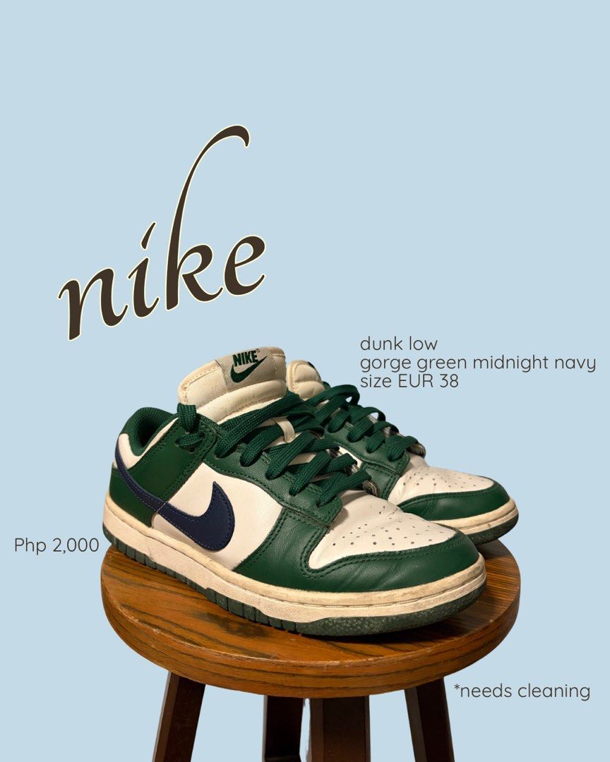 Nike Dunk Low Gorge Green Midnight Navy (Category: Sneakers) located in Manila. Submitted by sophdeclutters (Listing ID 1462986156, Image 1). Description: - 2,000 -> 1,300 - Colorway: Gorge Green / Midnight Navy - Size: EUR 38 - Condition: Pre-loved, needs cleaning *delivery fee will be shouldered by the buyer *lalamove/grab/J&T/LBC *can do meet up (Taft/MOA/SM Grand Central) *payment first policy (Gcash/GoTyme/Maribank).