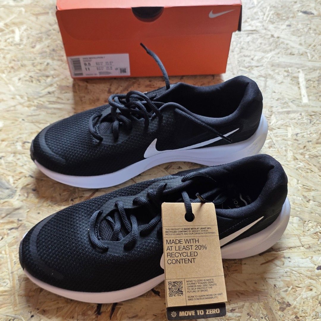 Nike Revolution 7 Men's Running Shoes (Category: Sneakers) located in Pasay City. Submitted by xsamskie (Listing ID 1462909694, Image 2). Description: - Nike Revolution 6 NN running shoes - Color: Black with white accents - Size: 9.5 - Features at least 20% recycled content - Comes with original box.