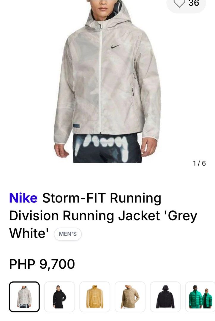 Nike Storm-FIT Running Division Jacket Grey White Men's (Category: Coats, Jackets and Outerwear) located in Caloocan City. Submitted by apis.ant (Listing ID 1463065751, Image 2). Description: - Nike Storm-FIT Running Division Jacket - Lightweight and water-repellent - Features a hood and zippered pockets - Subtle grey and white pattern - Ideal for running or everyday wear - Reason for selling: Incorrect size.