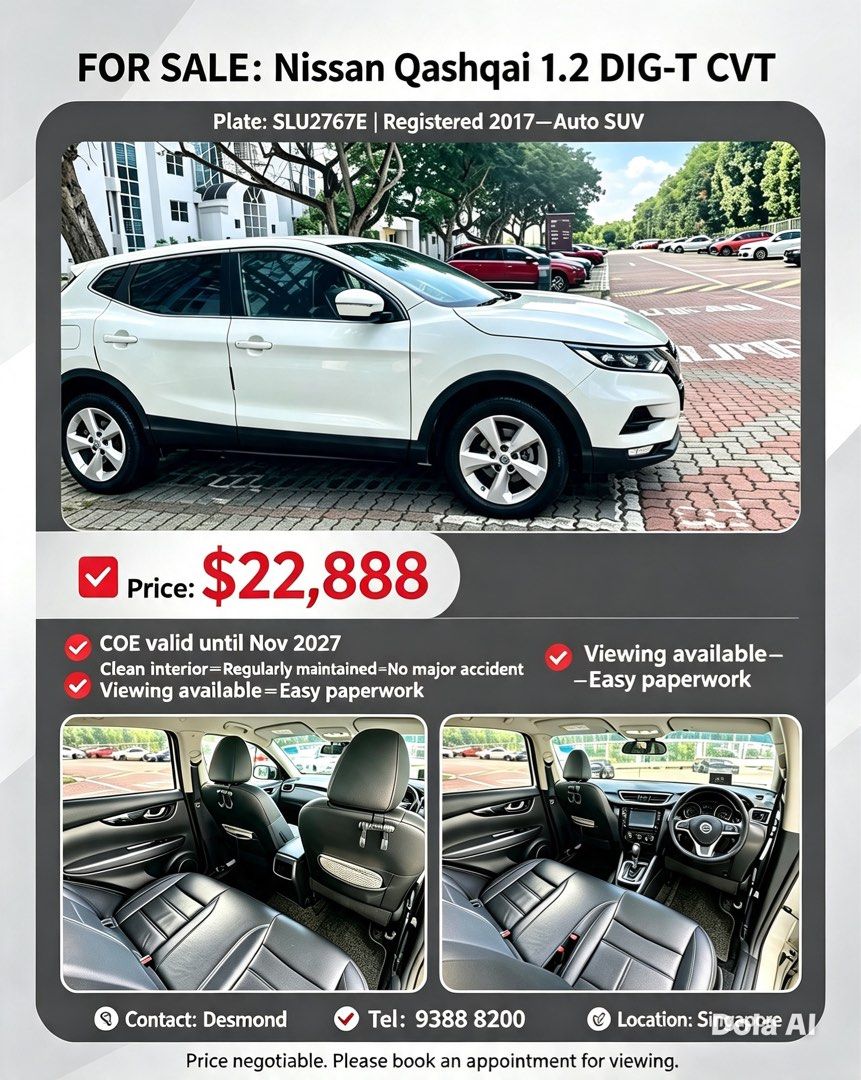 Nissan Qashqai Nissan Qashqai 1.2 DIG-T CVT Auto (Category: Used Cars) located in Singapore. Submitted by warmrabbit.0f58ac (Listing ID 1462911651, Image 1). Description: .
