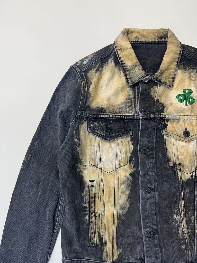 Off-White Distressed Bleached Clover Denim Jacket (Category: Luxury Apparel) located in Makati City. Submitted by ufcknwthbst (Listing ID 1463021821, Image 2). Description: Size S 20 inch width 24 inch length New with tag.
