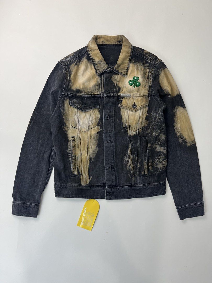 Off-White Distressed Bleached Clover Denim Jacket (Category: Luxury Apparel) located in Makati City. Submitted by ufcknwthbst (Listing ID 1463021821, Image 1). Description: Size S 20 inch width 24 inch length New with tag.