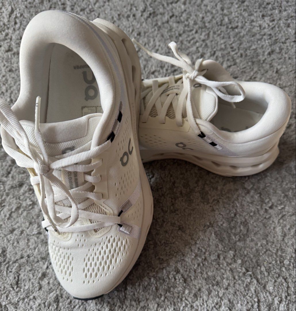 ON Cloudsurfer 2 Running Shoes Ivory US W7 EU38 (Category: Sneakers) located in Quezon City. Submitted by turak2020plus1 (Listing ID 1462958513, Image 3). Description: - ON Cloudsurfer 2 Running Shoes - Color: Ivory - Size: US Women's 7 / EU 38 - Perfect for running or everyday wear - Lightweight and comfortable design - Minor signs of wear on soles - Clean white, no stains RFS: decluttering.