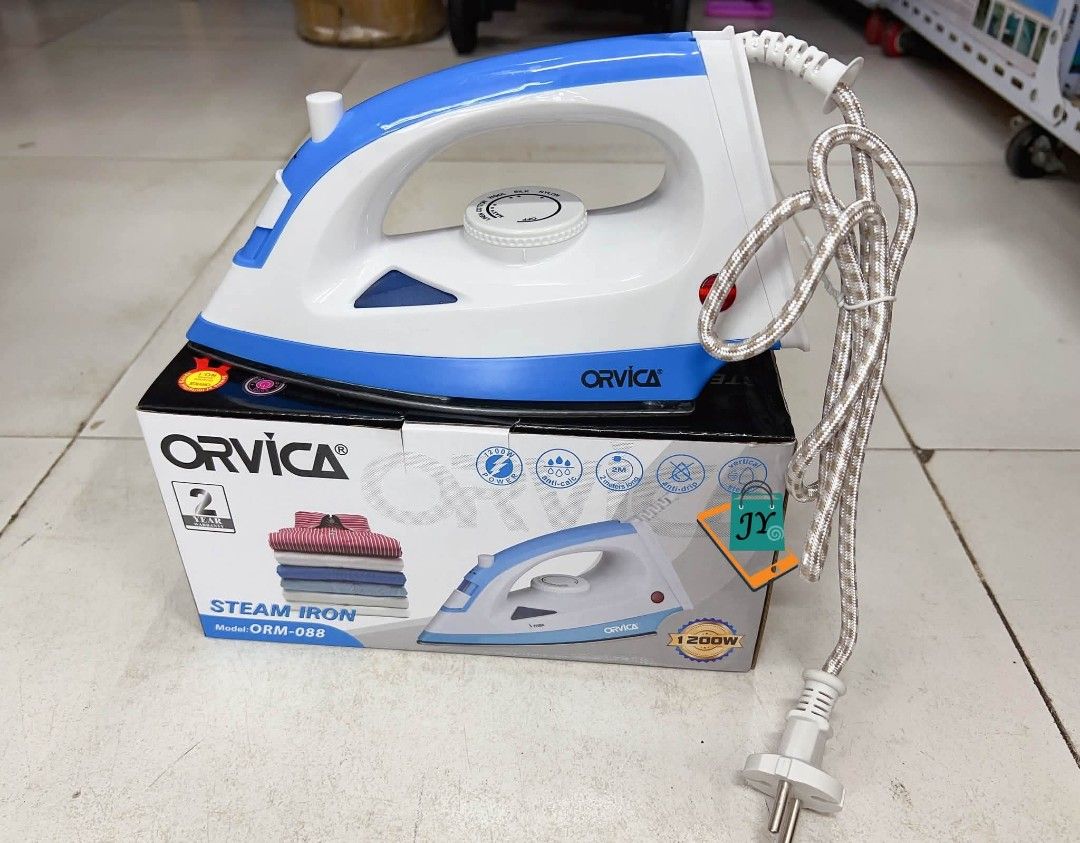 Orvica Steam Iron ORM-088 1200W (Category: Irons & Steamers) located in Manila. Submitted by chaionlineshop (Listing ID 1463038754, Image 1). Description: - Orvica Steam Iron, Model ORM-088 - Powerful 1200W - Stylish Blue and White design - Comes with power cord - Features a 2-year warranty (as per box) - Ideal for efficiently ironing clothes.