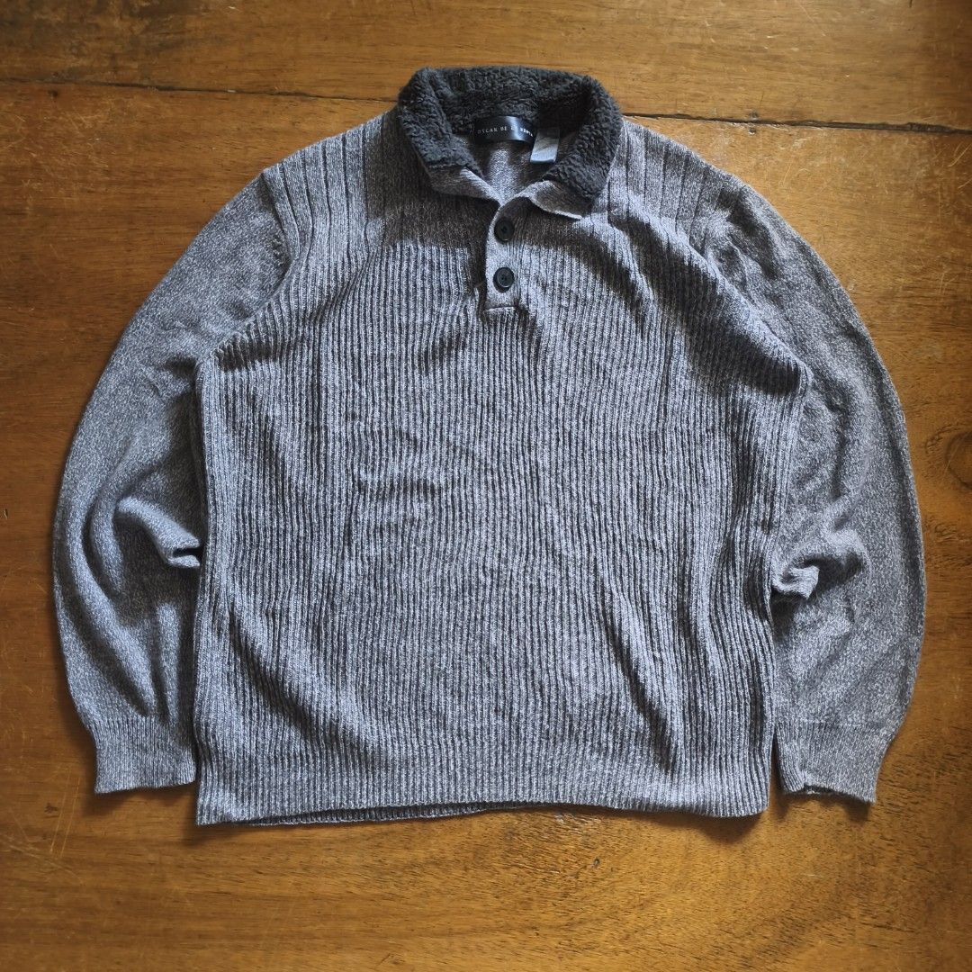 Oscar De La Renta sweater (Category: Luxury Apparel) located in Tayabas. Submitted by cat.b0i (Listing ID 1463010431, Image 1). Description: Size on tag: L Fitting: Men - Baggy L-Semi XL Women - XL ‎Length: 26.5 ‎Width: 23 ‎Shoulder: 20 ‎Arm Space: 9 ‎Sleeve Length: 24.5 ‎ ‎Color: Grey oatmeal Color Rate: 9.2 ‎Material: 100% cotton body, 100% polyester trim properties: Buttons ‎Issues: Repaired small hole ‎Condition: excellent.