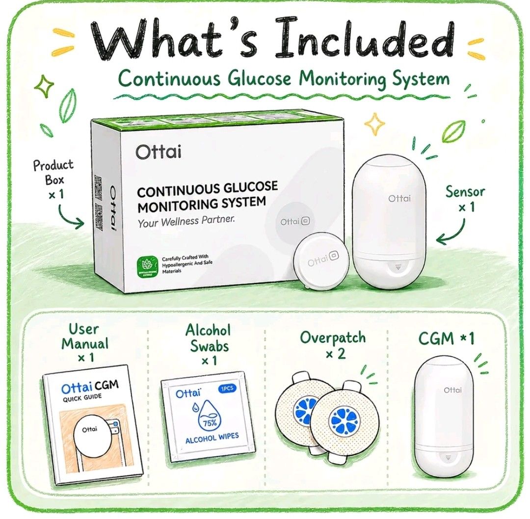 Ottai Hypoallergenic CGM (Category: Health Monitors & Weighing Scales) located in Navotas City. Submitted by sanrio_galore (Listing ID 1459387649, Image 3). Description: Ottai is a skin-friendly continuous glucose monitoring (CGM) system designed for individuals with sensitive skin who experience redness or itching from standard adhesive sensors. ■includes 2 hypoallergenic Ottai patches per box ■sealed ■2pcs available ■price mentioned is PER BOX 