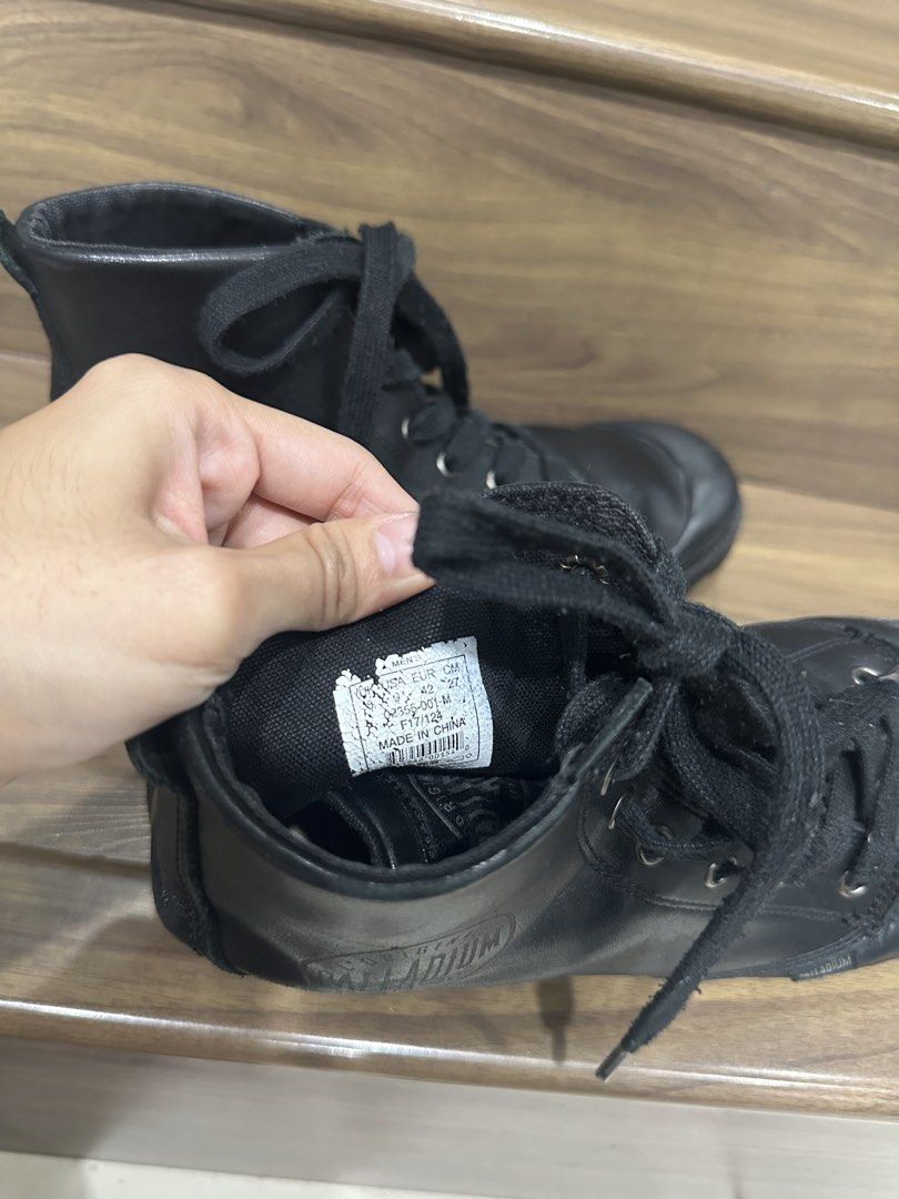 Palladium Black Leather Lace-Up Boots (Category: Boots) located in Paranaque City. Submitted by mcrisdelacruz (Listing ID 1463019937, Image 3). Description: - Classic Palladium high-top boots in black leather. - Lace-up closure for a secure fit. - Durable rubber sole for everyday wear. - Shows some signs of use, but plenty of life left. - Please check photos for detailed condition..