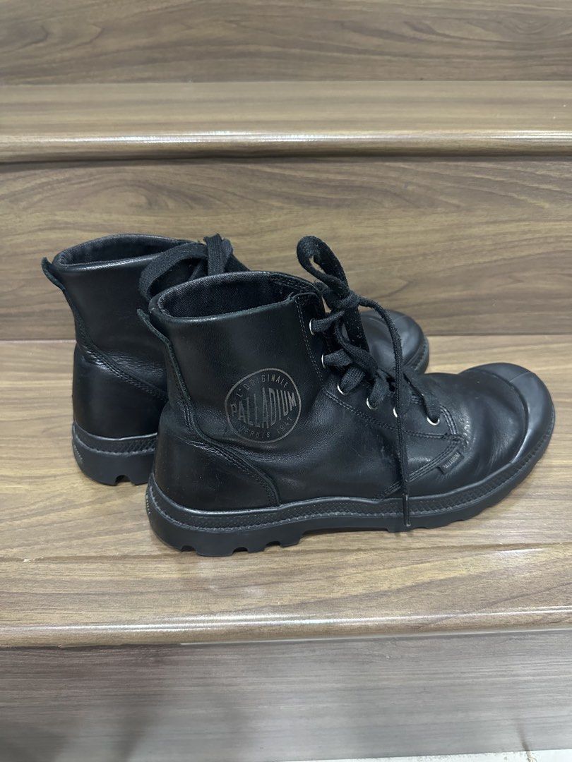 Palladium Black Leather Lace-Up Boots (Category: Boots) located in Paranaque City. Submitted by mcrisdelacruz (Listing ID 1463019937, Image 2). Description: - Classic Palladium high-top boots in black leather. - Lace-up closure for a secure fit. - Durable rubber sole for everyday wear. - Shows some signs of use, but plenty of life left. - Please check photos for detailed condition..