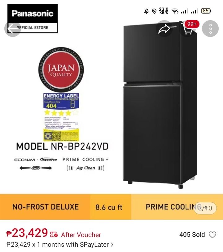 Panasonic NR-BP242VD Refrigerator - 8.6 cu ft (Category: Refrigerators and Freezers) located in Marikina City. Submitted by songsongxzs (Listing ID 1462947801, Image 1). Description: ‼️ FOR SALE: PANASONIC INVERTER REF 8.6cu ft. - NR-BP242VD Deluxe‼️ ₱21,000 NEGOTIABLE 📍 Fortune, Marikina - Pickup or Lalamove Details: - 8.6 cu.ft. Two Door Top Freezer - Deluxe (Black Matte) - No-Frost, Inverter + Econavi - 5-Star Energy Saving, tipid sa kuryente