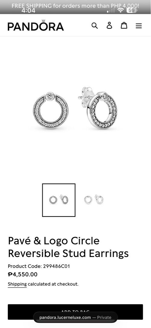 Pandora Pavé & Logo Circle Reversible Stud Earrings (Category: Earrings) located in Manila. Submitted by calm_cutiepie (Listing ID 1462969812, Image 1). Description: - Authentic Pandora Pavé & Logo Circle Reversible Stud Earrings - Product Code: 299486C01 - Material: Sterling Silver - Stones: Clear Cubic Zirconia - Price: P4,550.00 Bought it in greenbelt with receipt.